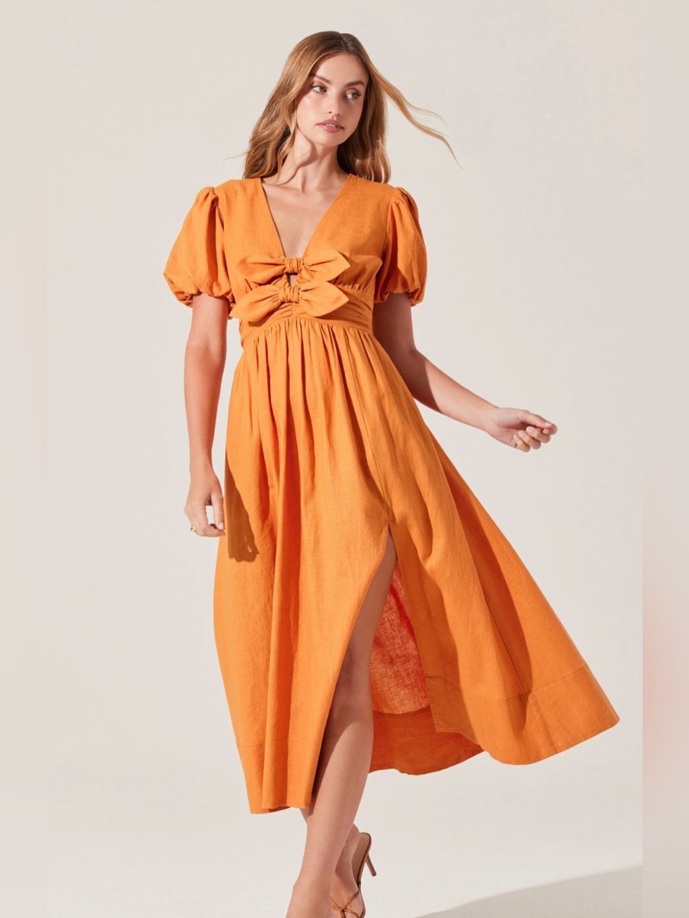 Anthropologie Astr the label Citrine Linen Bow Front Midi Dress size M orange